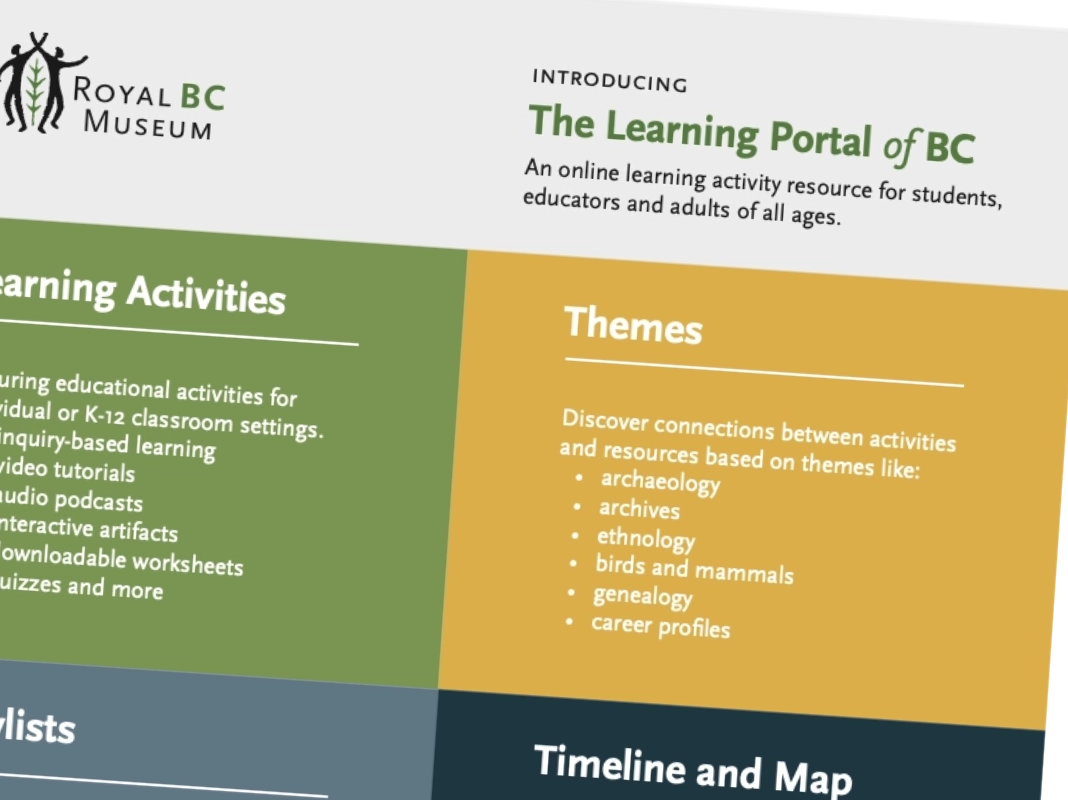 Marketing one-pager introducing the Learning Portal of BC, outlining its Learning Activities, Themes, Playlists, and Timeline and Map sections