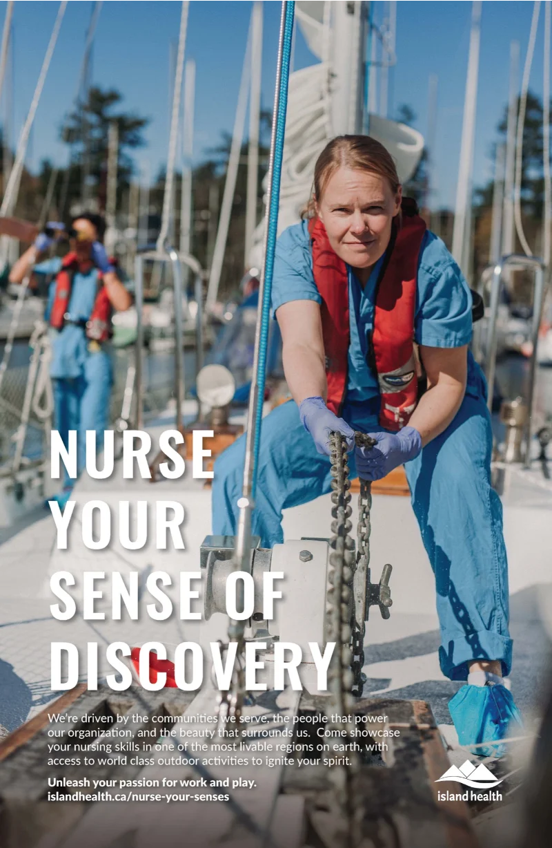 Nurse Your Sense of Discovery poster, a nurse in scrubs and a life jacket working the anchor chain on a sailboat, looking directly at the camera