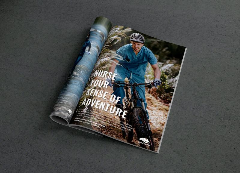Nurse Your Sense of Adventure, a nurse in scrubs mountain biking, shown as a magazine spread
