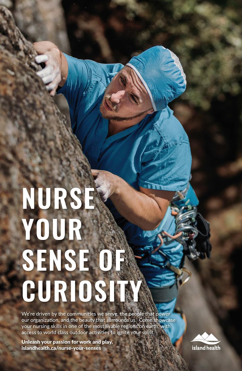 Nurse Your Sense of Curiosity poster, a nurse in scrubs rock climbing