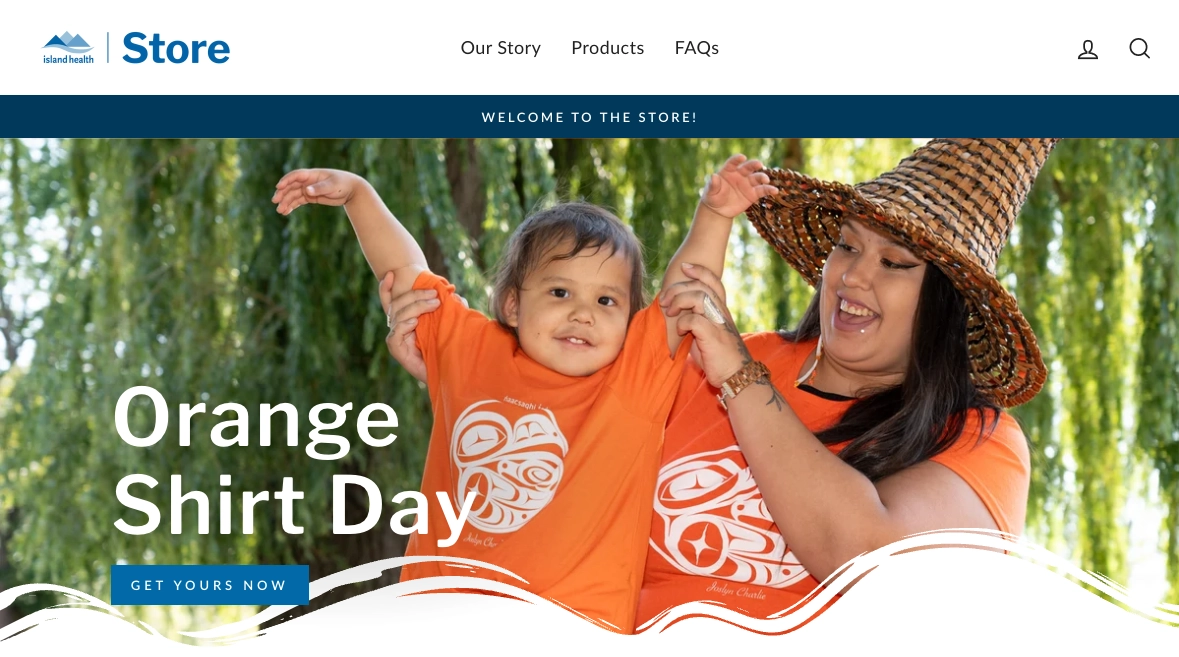 Landing page for the store's Beta launch, featuring Joslyn Charlie's Orange Shirt Day design