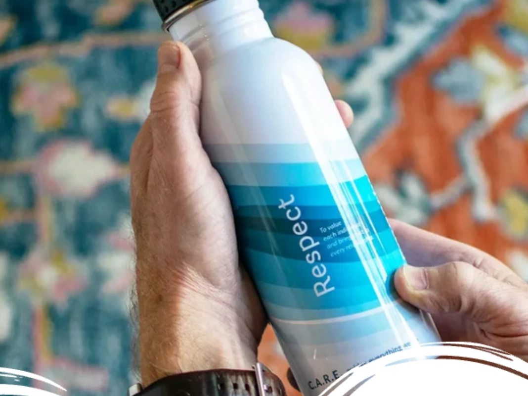 Water bottle printed with Island Health's Respect brand value